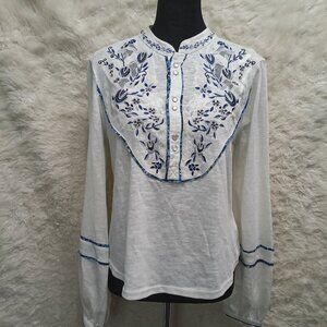 Free People Women's Ivory Blue Western Embroidered Top Size S